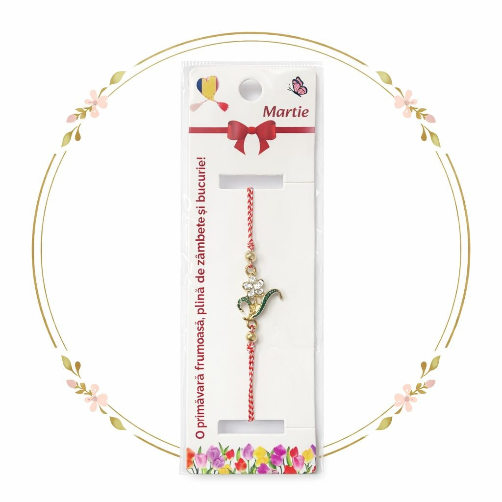 Set 12 bratari martisor cu floare metalica si petale din strasuri, snur reglabil