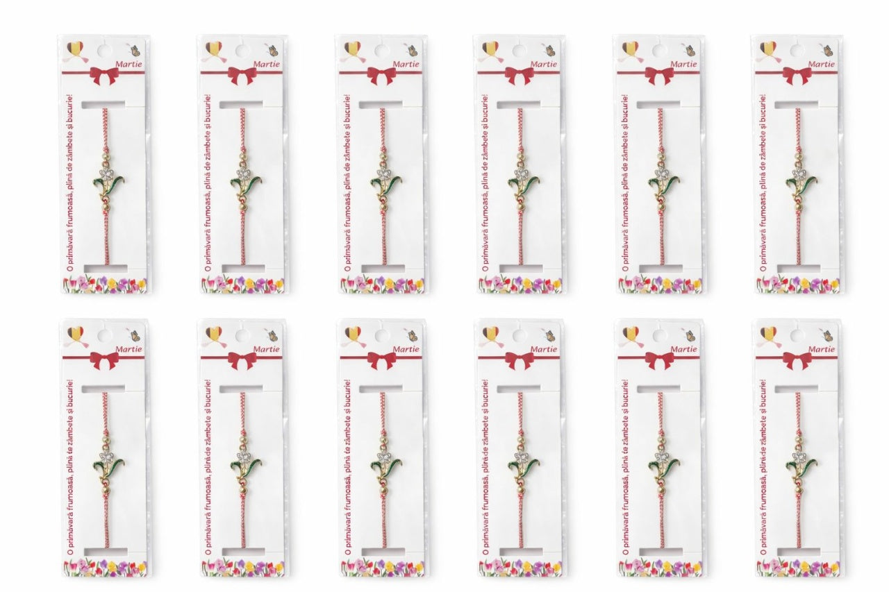 Set 12 bratari martisor cu floare metalica si petale din strasuri, snur reglabil