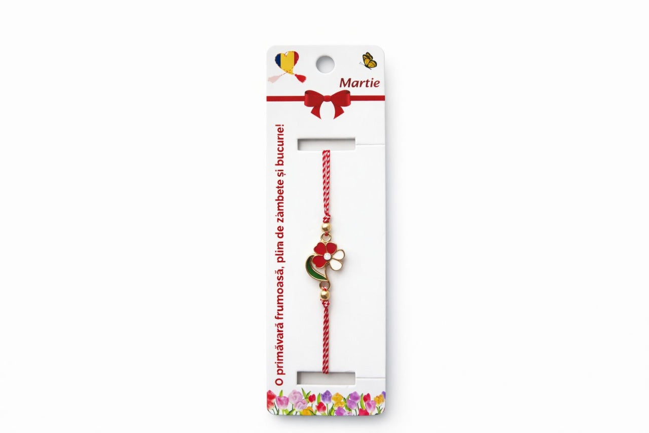 Set 12 bratari martisor cu floricica alb rosu, snur reglabil si detalii metalice