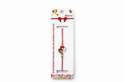 Set 12 bratari martisor cu floricica alb rosu, snur reglabil si detalii metalice