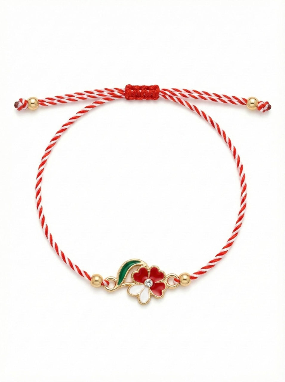 Set 12 bratari martisor cu floricica alb rosu, snur reglabil si detalii metalice