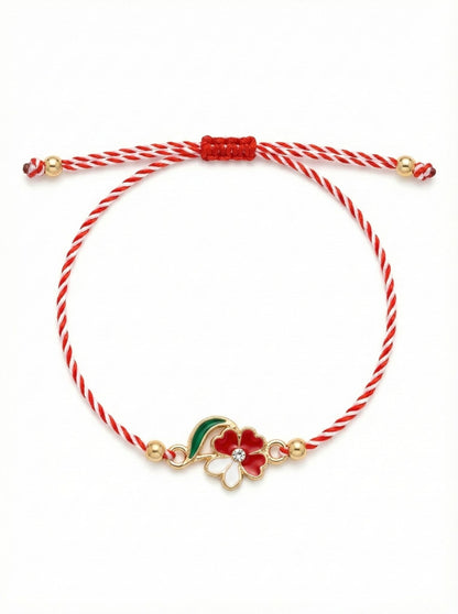 Set 12 bratari martisor cu floricica alb rosu, snur reglabil si detalii metalice