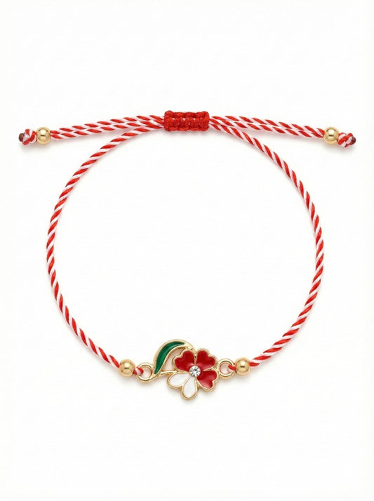 Set 12 bratari martisor cu floricica alb rosu, snur reglabil si detalii metalice
