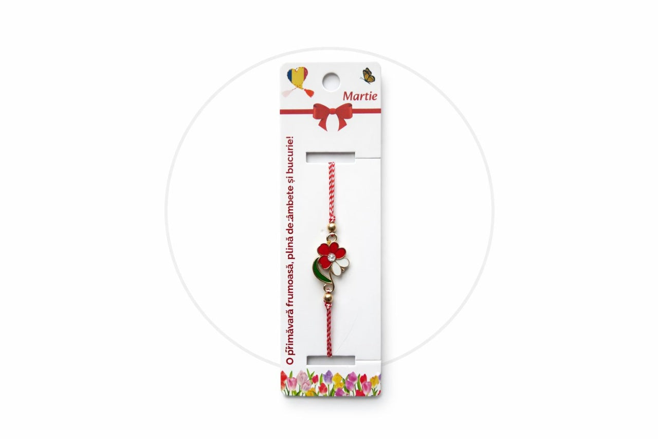Set 12 bratari martisor cu floricica alb rosu, snur reglabil si detalii metalice