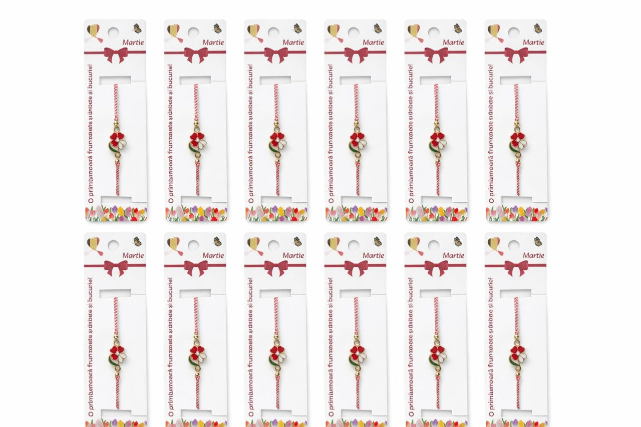 Set 12 bratari martisor cu floricica alb rosu, snur reglabil si detalii metalice