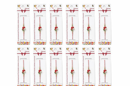 Set 12 bratari martisor cu floricica alb rosu, snur reglabil si detalii metalice