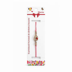 Set 12 bratari martisor cu frunza aurie cu strasuri si buburuza, snur rosu alb, ambalate individual