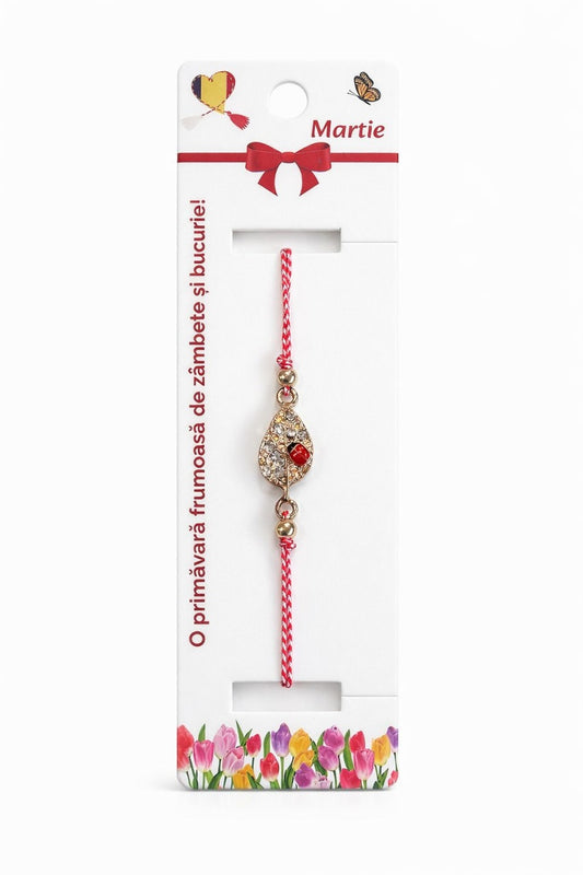 Set 12 bratari martisor cu frunza aurie cu strasuri si buburuza, snur rosu alb, ambalate individual