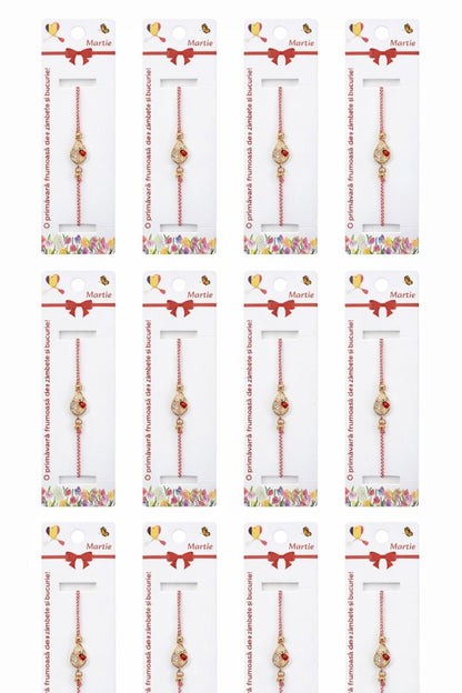 Set 12 bratari martisor cu frunza aurie cu strasuri si buburuza, snur rosu alb, ambalate individual