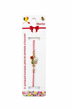 Set 12 bratari martisor cu ghiocel si buburuza, snur rosu alb, ambalate individual