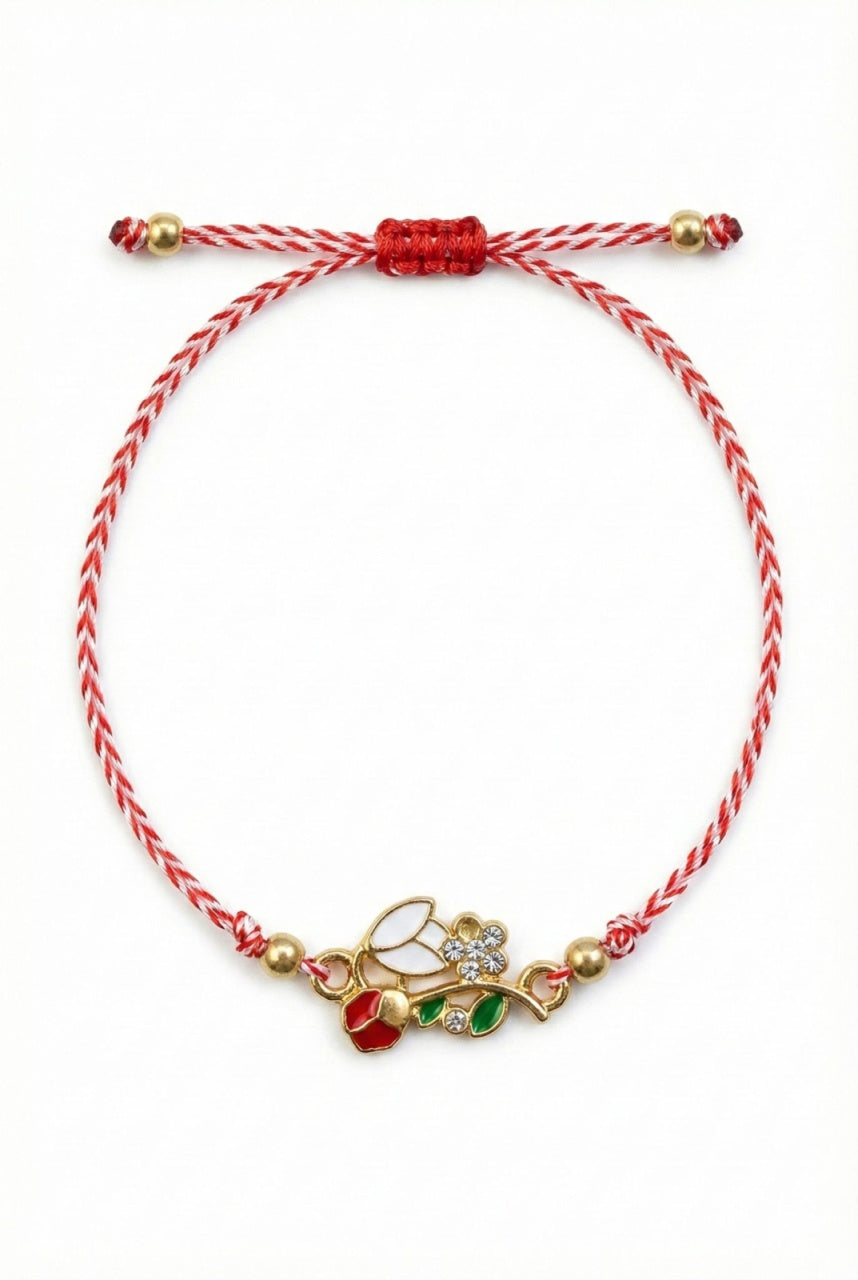 Set 12 bratari martisor cu ghiocel si buburuza, snur rosu alb, ambalate individual