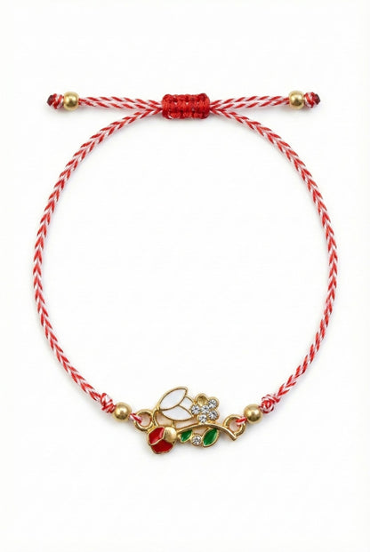 Set 12 bratari martisor cu ghiocel si buburuza, snur rosu alb, ambalate individual