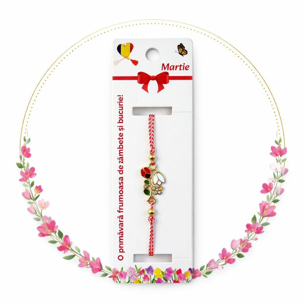 Set 12 bratari martisor cu ghiocel si buburuza, snur rosu alb, ambalate individual