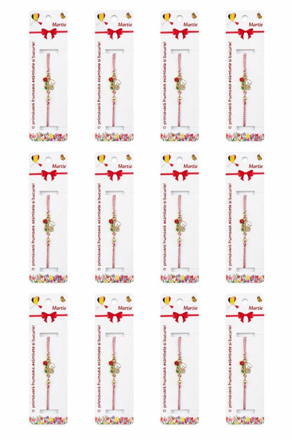 Set 12 bratari martisor cu ghiocel si buburuza, snur rosu alb, ambalate individual