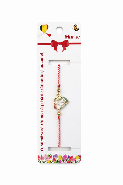 Set 12 bratari martisor cu ghiocel stilizat, snur rosu alb, ambalate individual