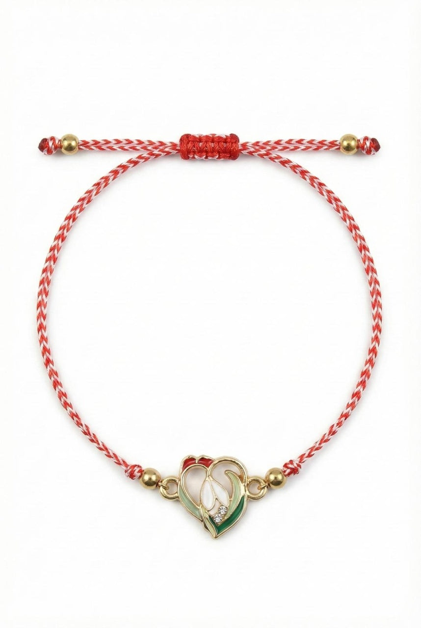 Set 12 bratari martisor cu ghiocel stilizat, snur rosu alb, ambalate individual