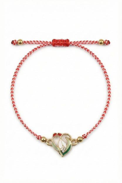 Set 12 bratari martisor cu ghiocel stilizat, snur rosu alb, ambalate individual