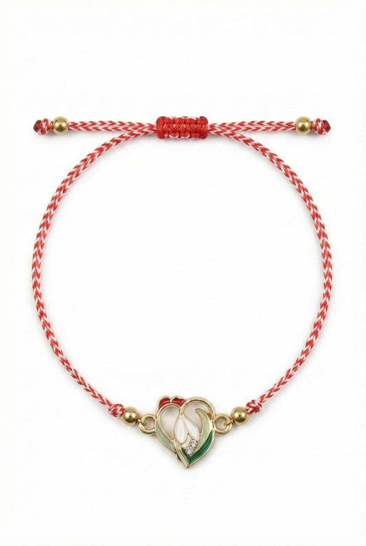 Set 12 bratari martisor cu ghiocel stilizat, snur rosu alb, ambalate individual