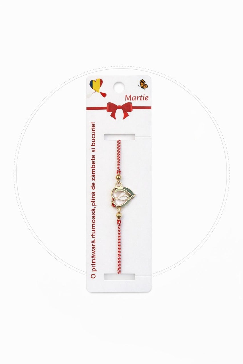 Set 12 bratari martisor cu ghiocel stilizat, snur rosu alb, ambalate individual