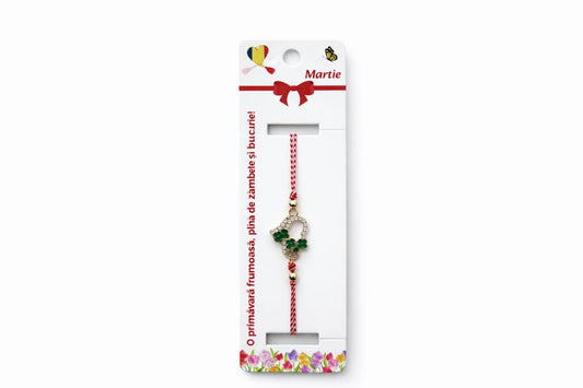 Set 12 bratari martisor cu inimioara si trifoi verzi, snur reglabil rosu-alb