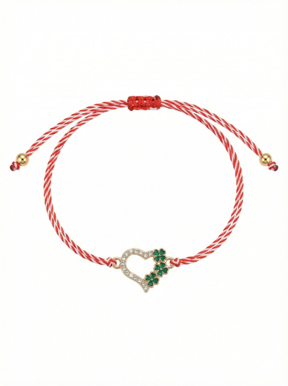 Set 12 bratari martisor cu inimioara si trifoi verzi, snur reglabil rosu-alb