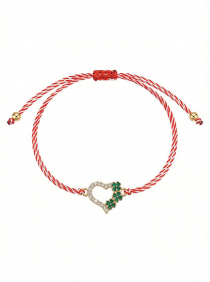 Set 12 bratari martisor cu inimioara si trifoi verzi, snur reglabil rosu-alb