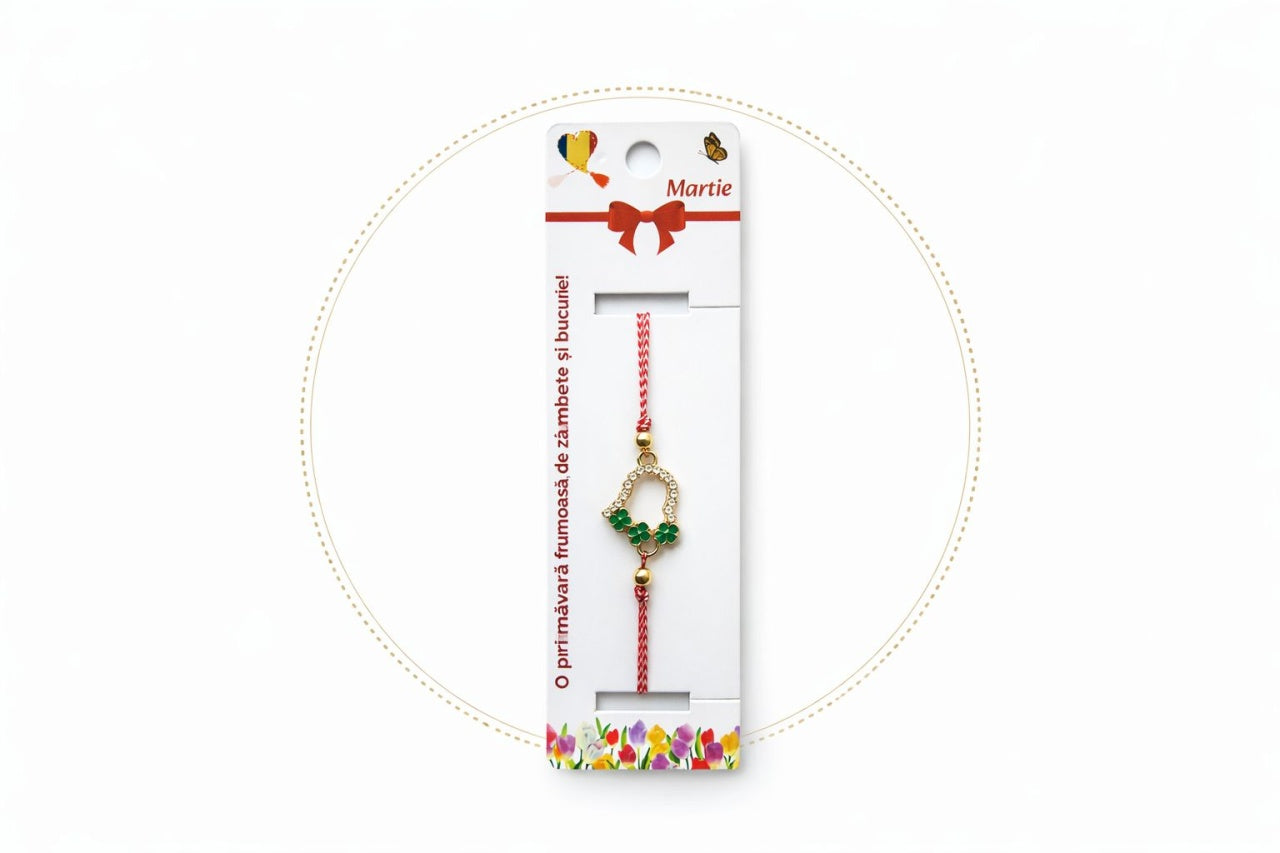 Set 12 bratari martisor cu inimioara si trifoi verzi, snur reglabil rosu-alb