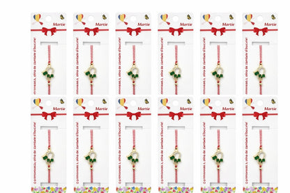 Set 12 bratari martisor cu inimioara si trifoi verzi, snur reglabil rosu-alb