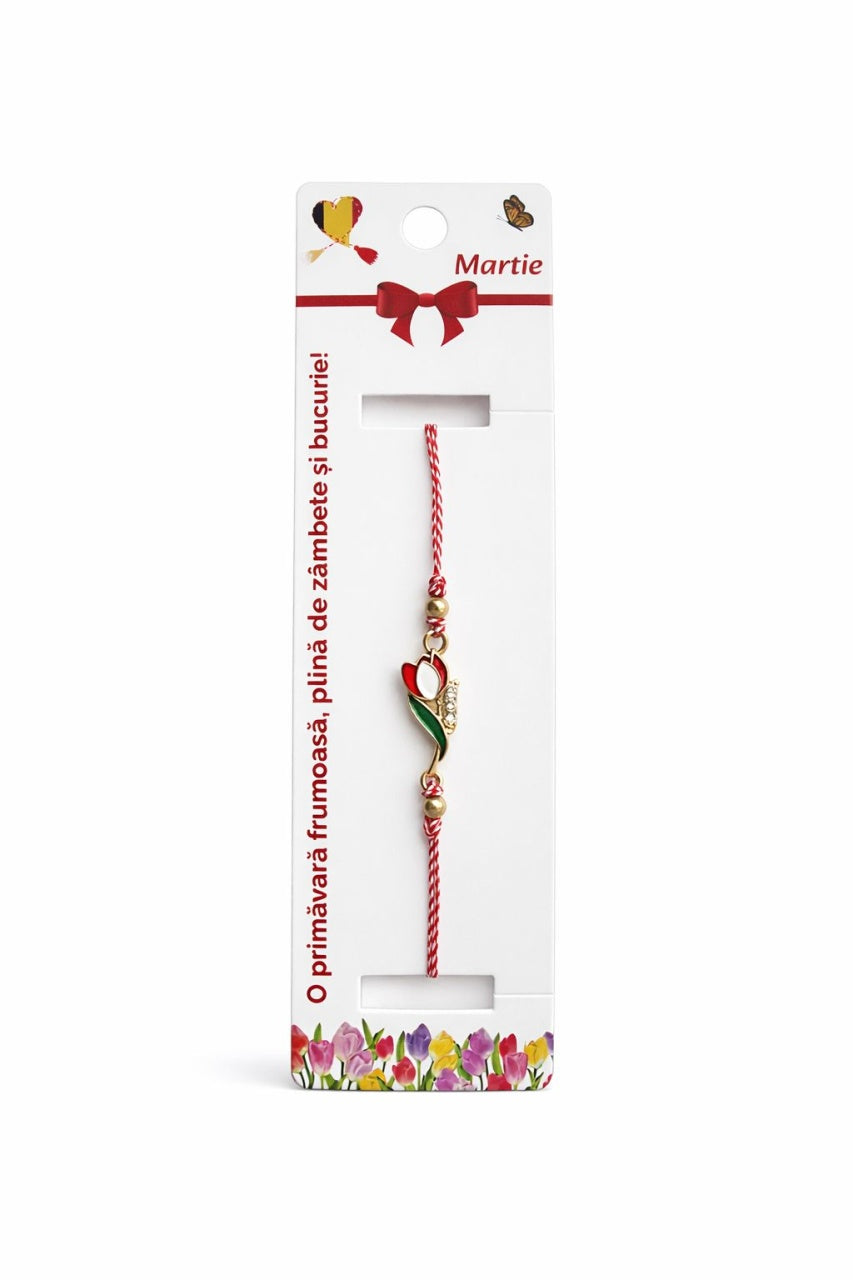 Set 12 bratari martisor cu lalea metalica rosie, snur reglabil, simbol primavara
