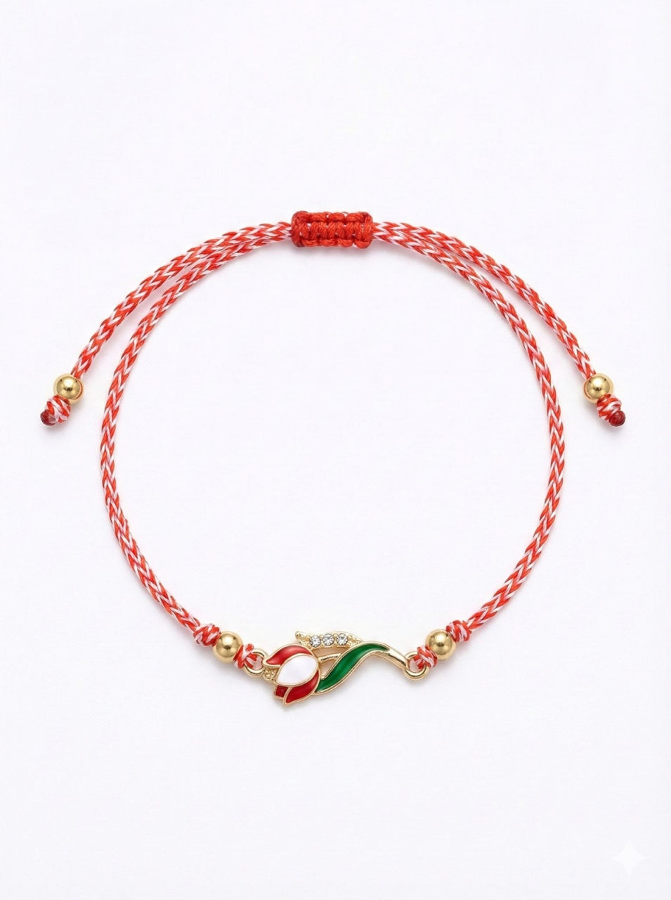 Set 12 bratari martisor cu lalea metalica rosie, snur reglabil, simbol primavara