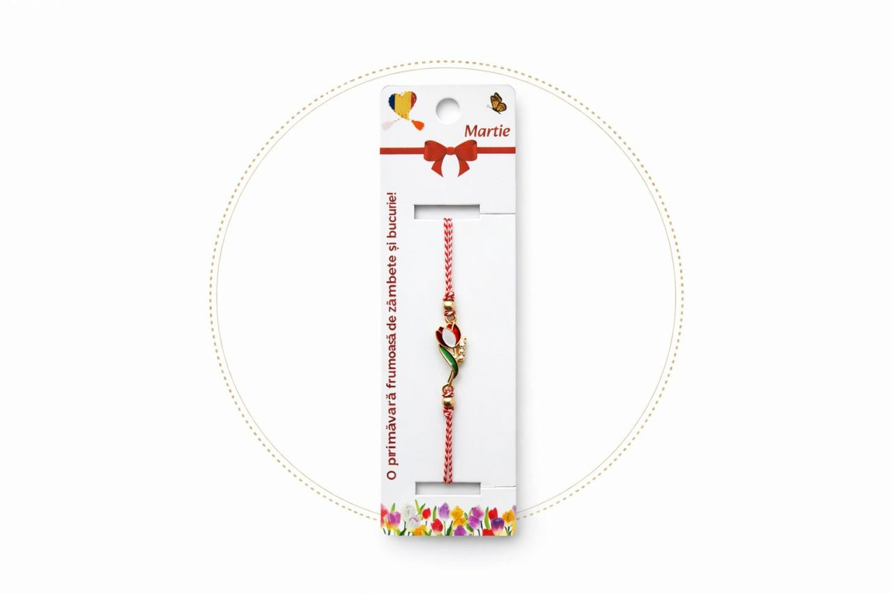 Set 12 bratari martisor cu lalea metalica rosie, snur reglabil, simbol primavara