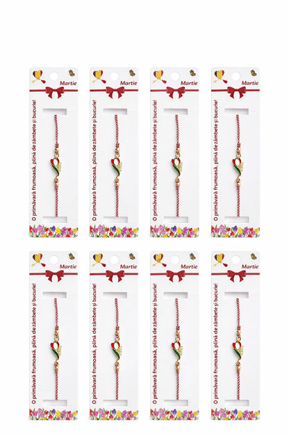 Set 12 bratari martisor cu lalea metalica rosie, snur reglabil, simbol primavara