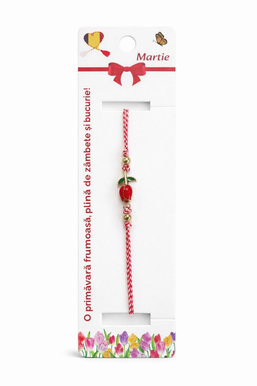 Set 12 bratari martisor cu lalea rosie, snur rosu alb, ambalate individual