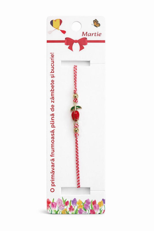Set 12 bratari martisor cu lalea rosie, snur rosu alb, ambalate individual