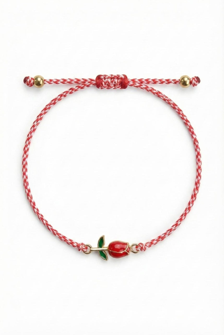 Set 12 bratari martisor cu lalea rosie, snur rosu alb, ambalate individual