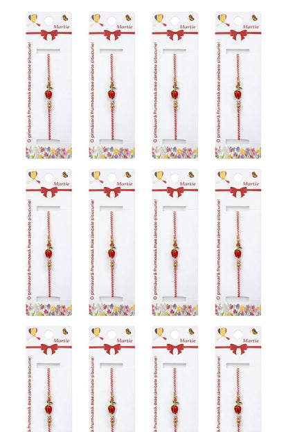 Set 12 bratari martisor cu lalea rosie, snur rosu alb, ambalate individual