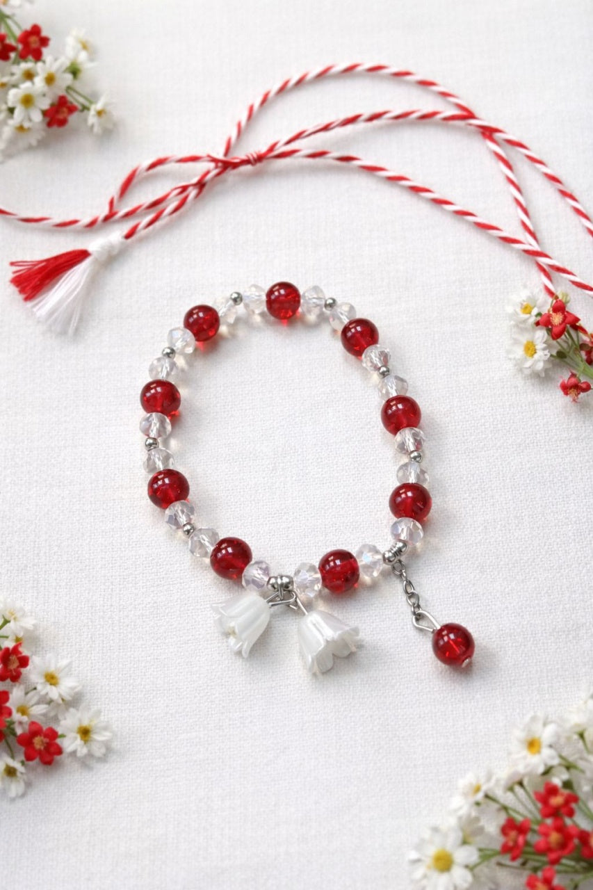 Set 12 Bratari Martisor cu Margele Rosii si Accente Florale Albe