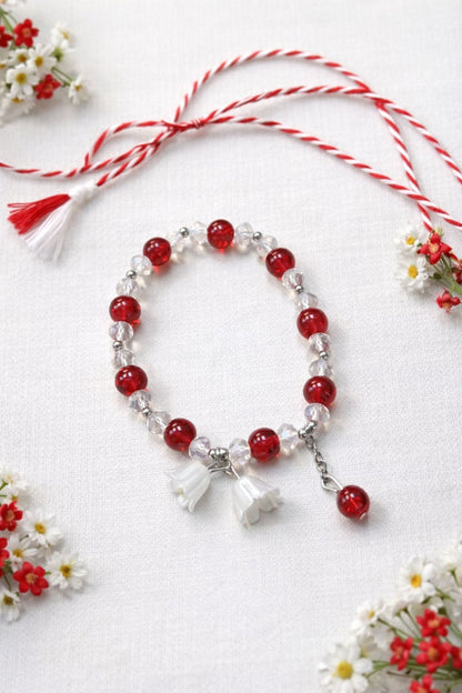 Set 12 Bratari Martisor cu Margele Rosii si Accente Florale Albe