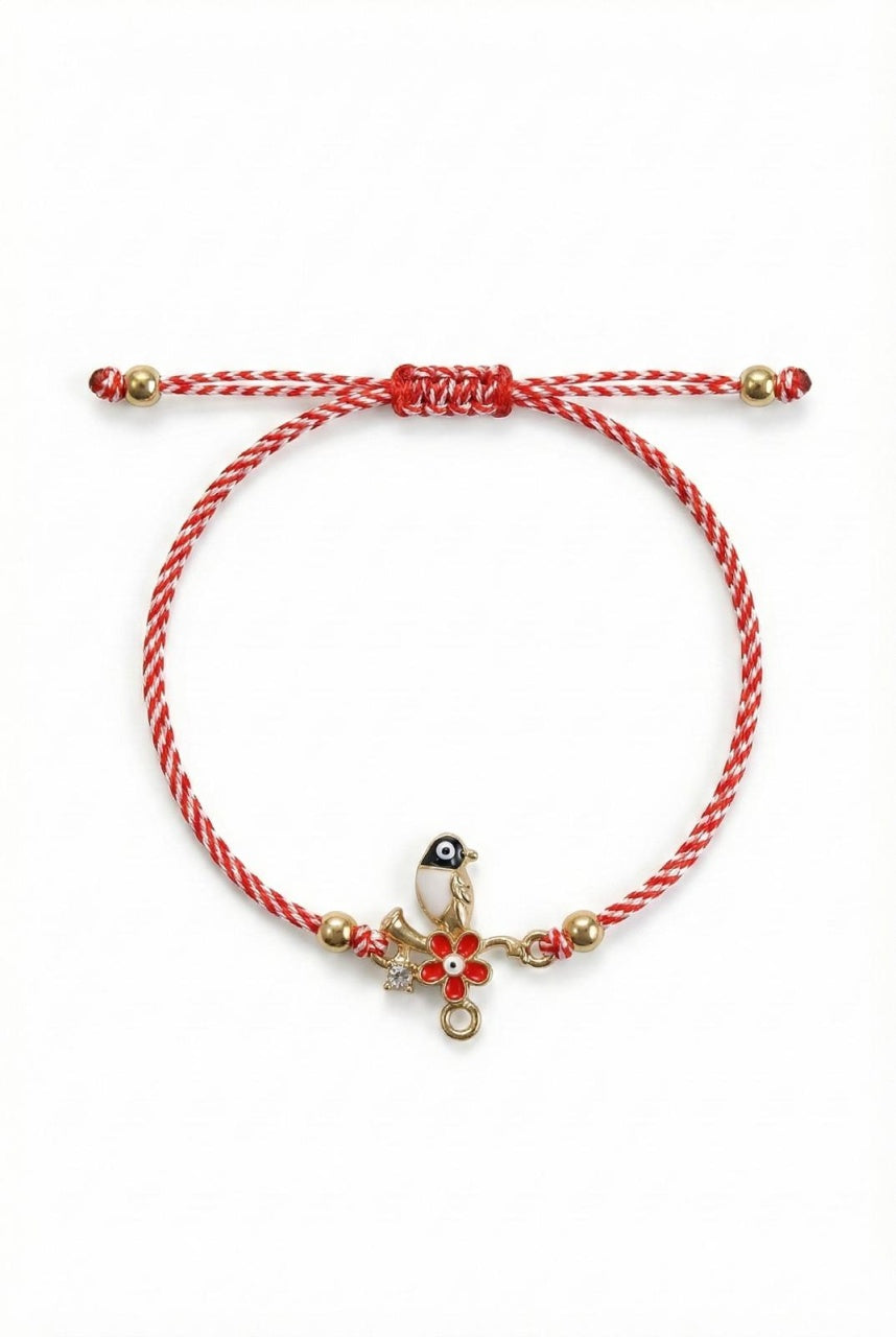 Set 12 bratari martisor cu pasare stilizata si floare, snur rosu alb, ambalate individual