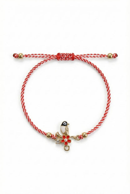 Set 12 bratari martisor cu pasare stilizata si floare, snur rosu alb, ambalate individual