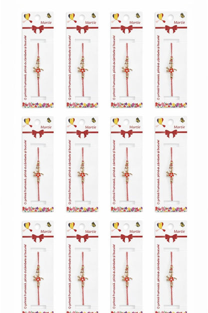 Set 12 bratari martisor cu pasare stilizata si floare, snur rosu alb, ambalate individual