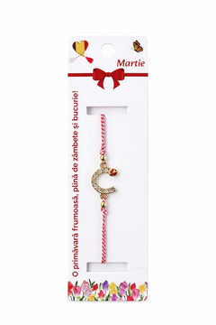Set 12 bratari martisor cu potcoava stilizata cu strasuri si buburuza, snur rosu alb