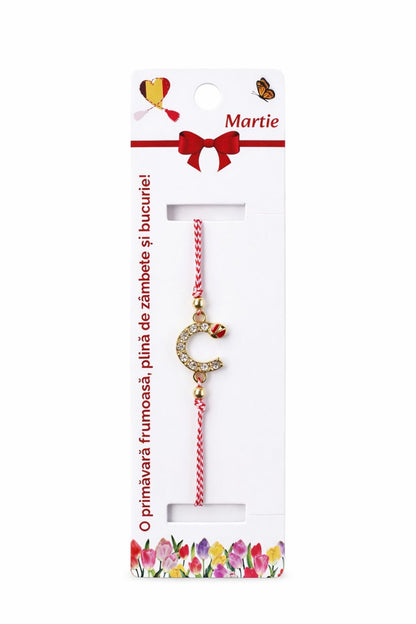 Set 12 bratari martisor cu potcoava stilizata cu strasuri si buburuza, snur rosu alb