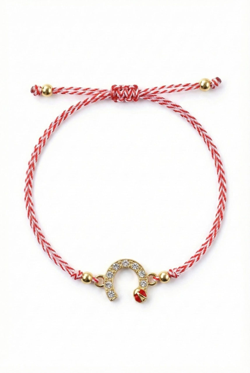 Set 12 bratari martisor cu potcoava stilizata cu strasuri si buburuza, snur rosu alb