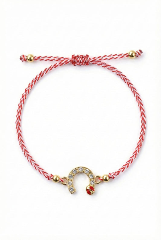 Set 12 bratari martisor cu potcoava stilizata cu strasuri si buburuza, snur rosu alb