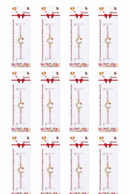 Set 12 bratari martisor cu potcoava stilizata cu strasuri si buburuza, snur rosu alb