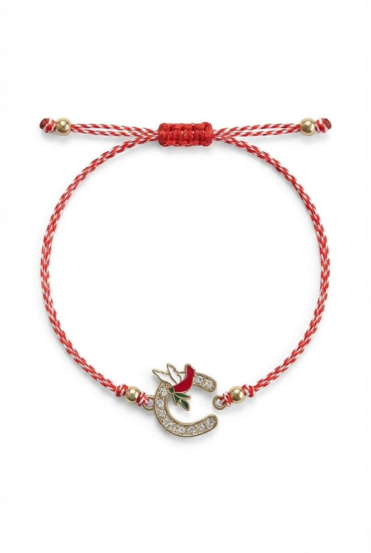 Set 12 bratari martisor cu potcoava stilizata si porumbel, snur rosu alb, ambalate individual