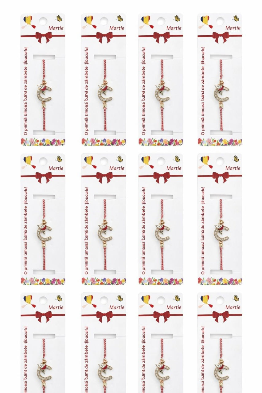 Set 12 bratari martisor cu potcoava stilizata si porumbel, snur rosu alb, ambalate individual