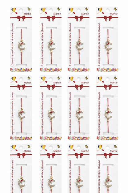 Set 12 bratari martisor cu potcoava stilizata si porumbel, snur rosu alb, ambalate individual