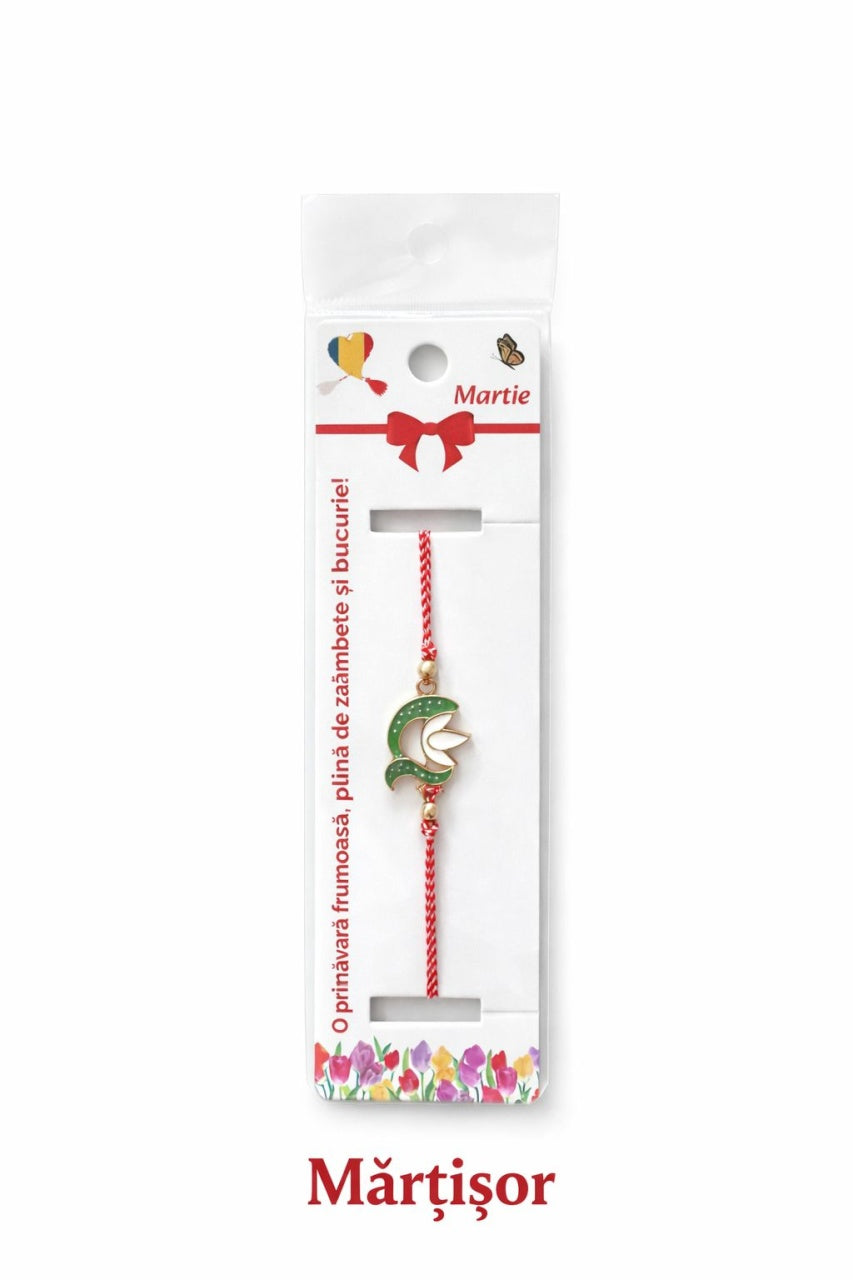 Set 12 bratari martisor cu simbol ghiocel si snur rosu alb, ambalate individual